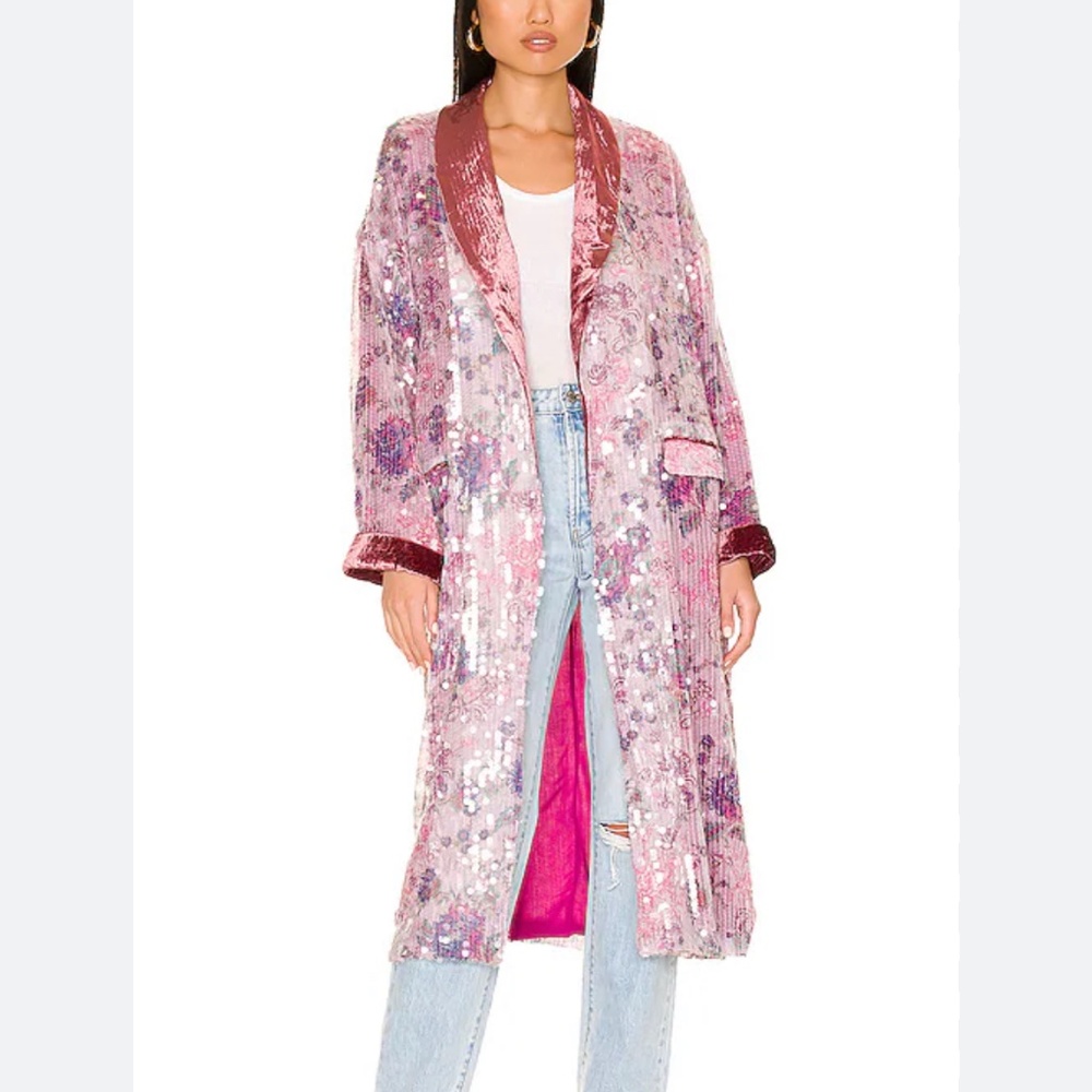 Free People KEALEY Sequin Pink Purple Combo Jacket Duster Kimono